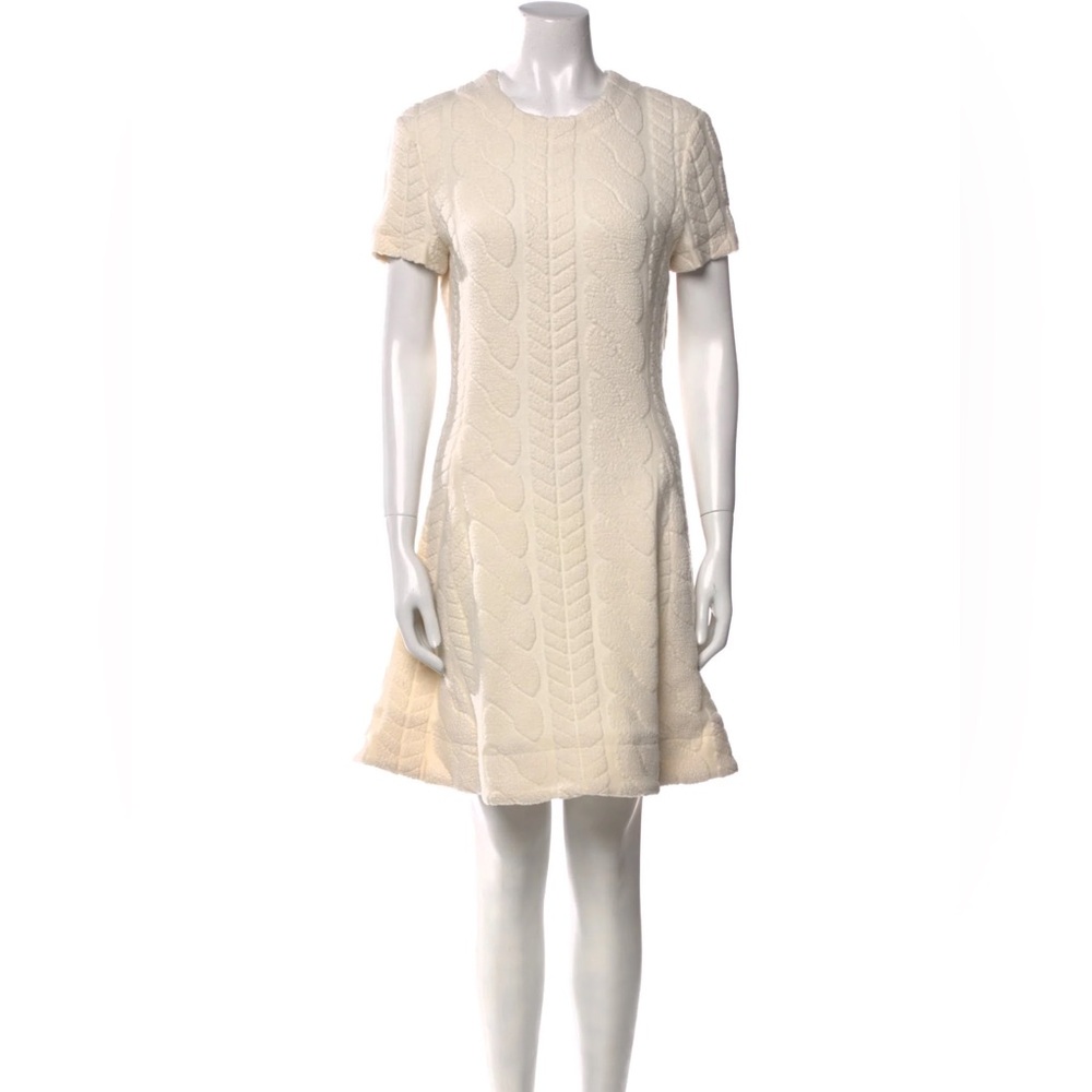 Yigal Azrouël Wool Cable Knit Crew Neck Skater Mini Dress Cream